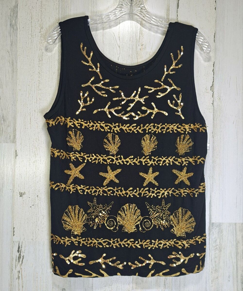 NWT Embellished Beaded Sequin Reversible Tank Top Sz L Haven Bleu Black Gold NYE